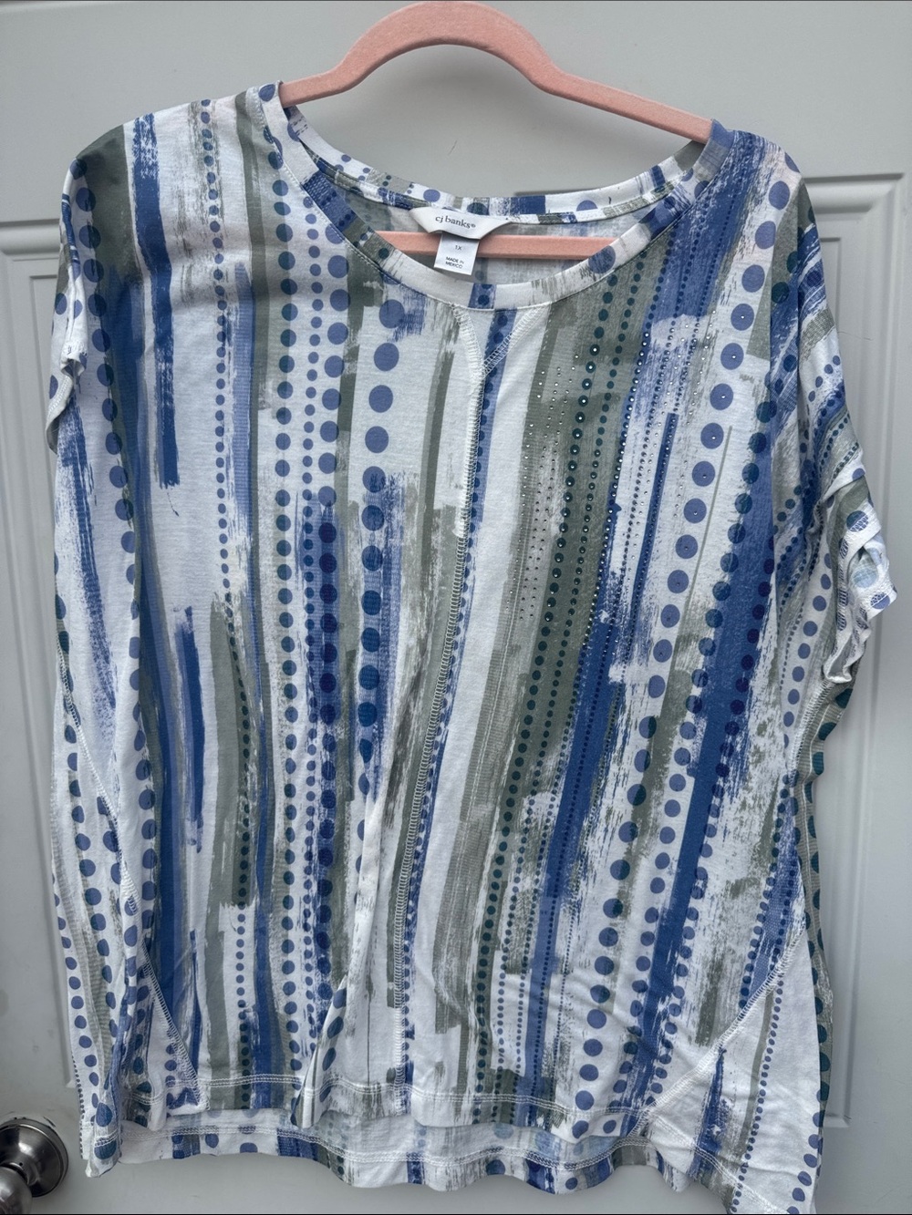 CJ Banks Blue and Olive Striped Dot Long Sleeve Top